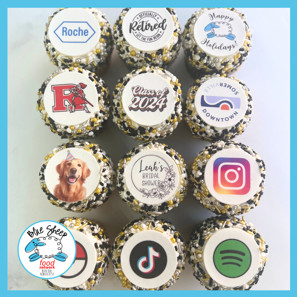 Blue Sheep's array of custom-decorated cupcakes with assorted corporate logos, messages like 'Officially Retired,' 'Happy Holidays,' and 'Leah's Bridal Shower,' alongside social media icons, perfect for corporate branding and celebrations.