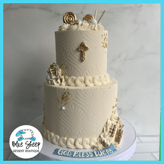 two tiered custom cake with buttercream first holy communion cake 