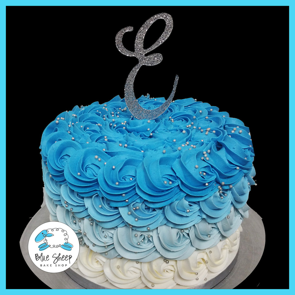 blue reverse ombre buttercream rosette cake