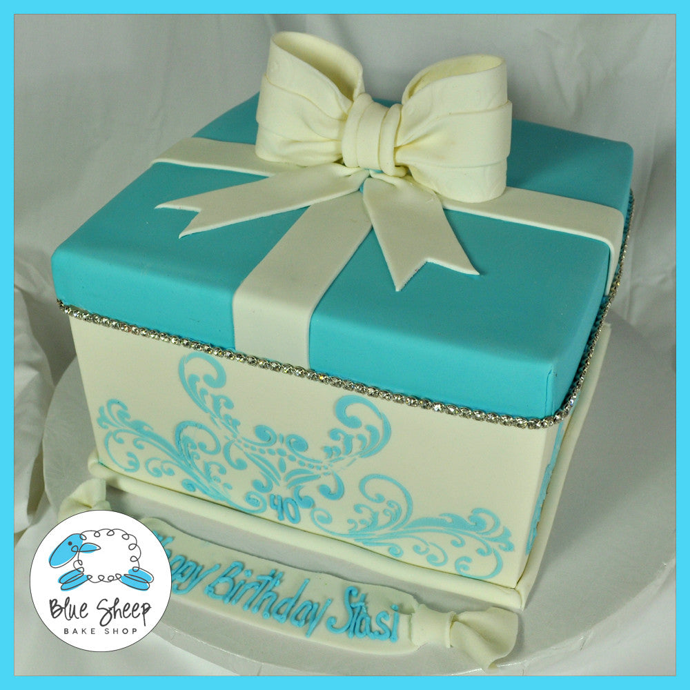 blue and white gift box birthday cake with bling
