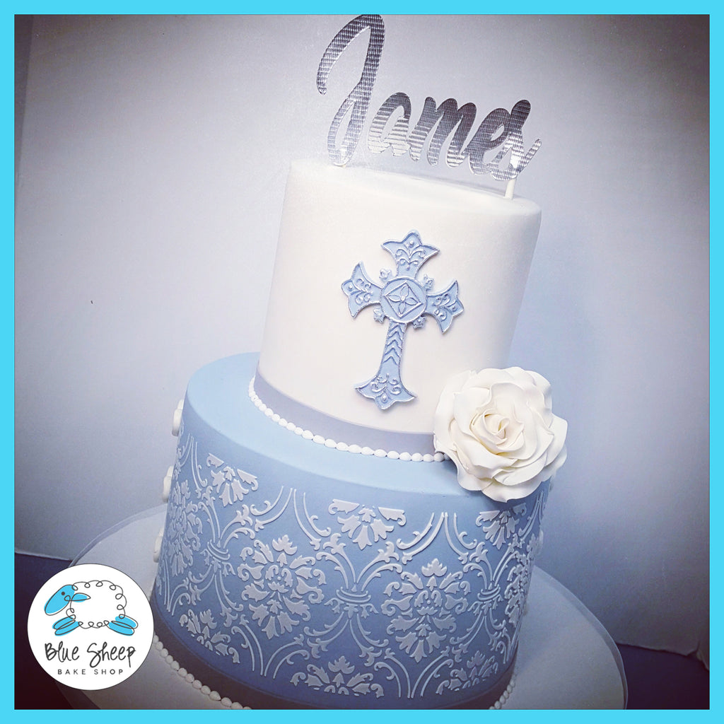 blue and white lace christening cake nj