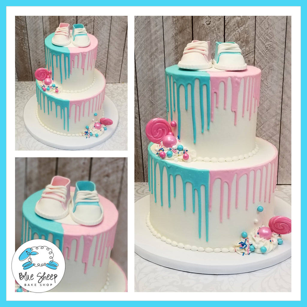 Gender Reveal Pink and Blue Drip Cake with Fondant Baby Sneakers NJ