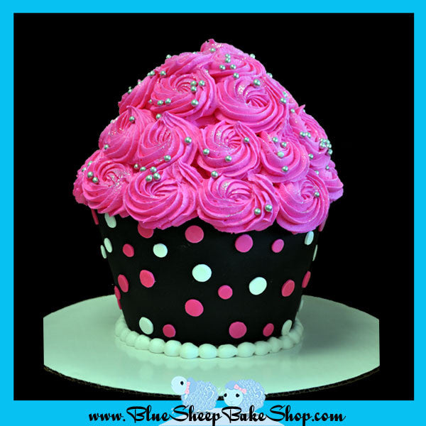 Giant Pink and Black Polka Dotted Cupcake Cake