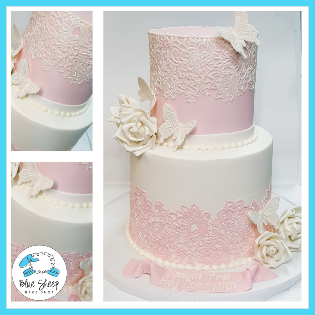josslyn's lace and butterflies 1st holy communication cake