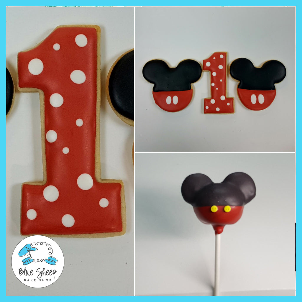 NJ Mickey Mouse and Minnie Mouse themed decorated sugar cookie party favors, for a first birthday