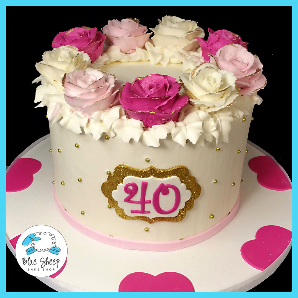 pink and gold rose wreath 40th birthday cake nj