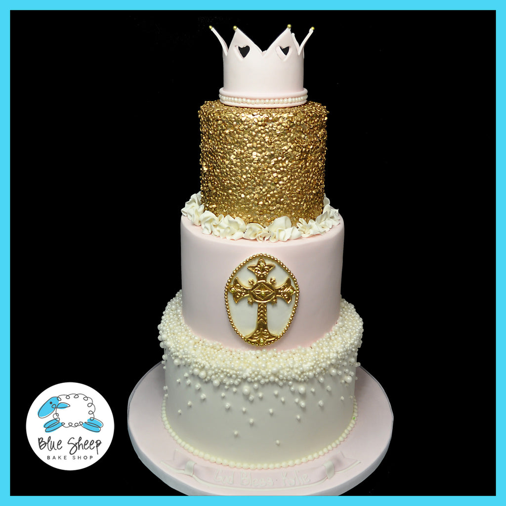 gold and pink christening cake nj