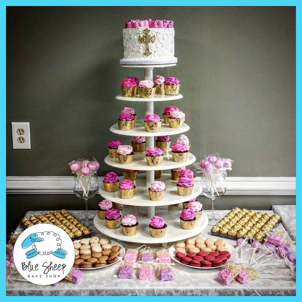 pink and gold christening cupcake tower & dessert table NJ