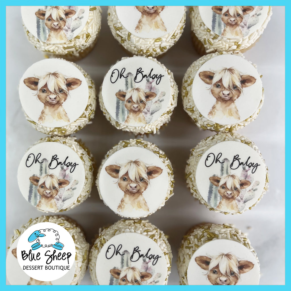 highland cow baby shower cupcakes