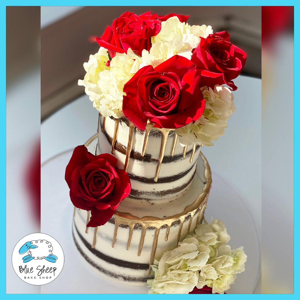 Naked Wedding Cake with Red Roses