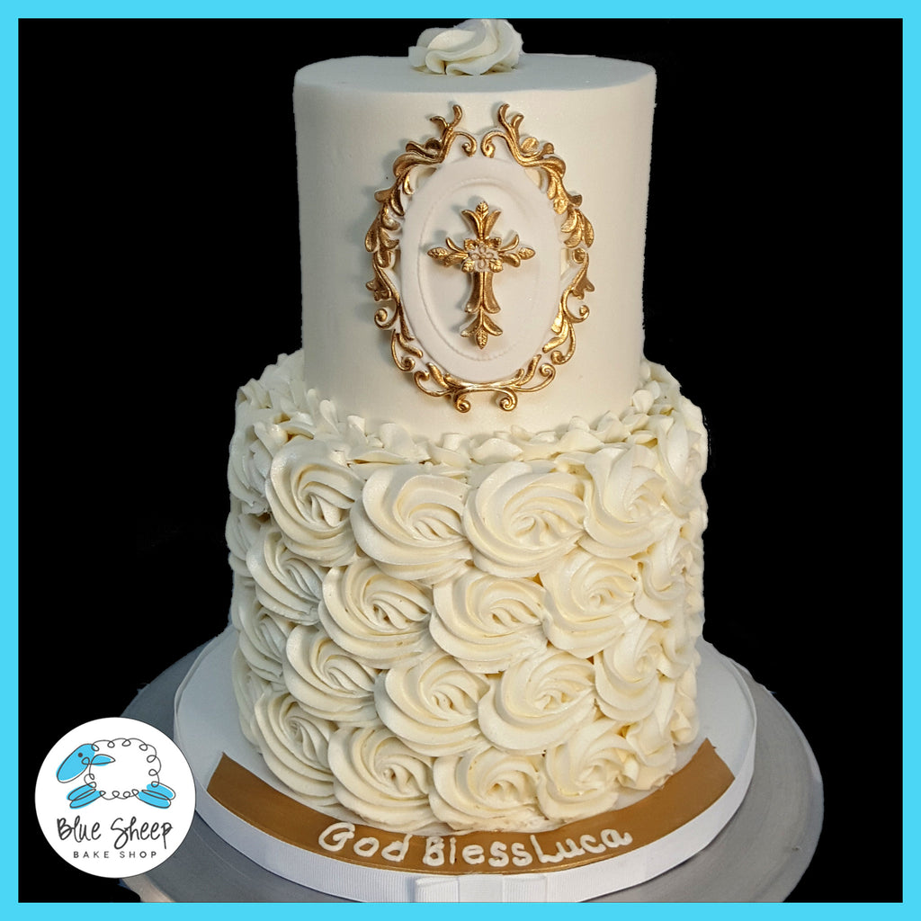 white rosette christening cake