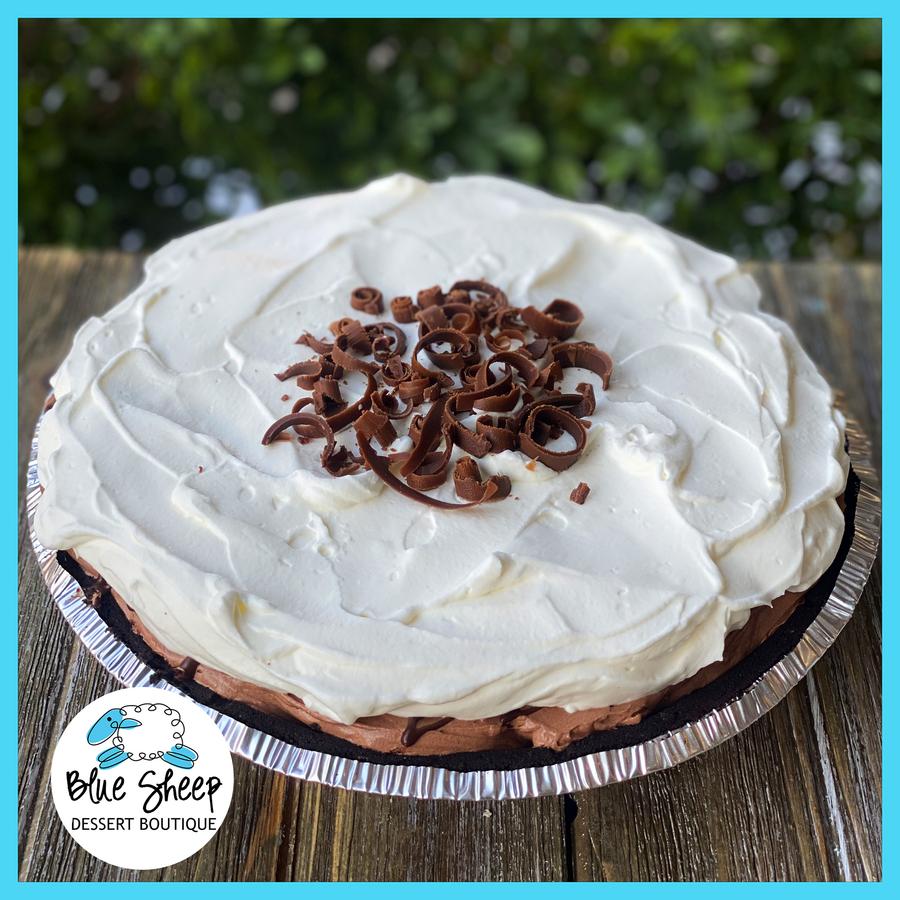 Chocolate mousse pie with Oreo crust and whipped cream frosting topped with chocolate curls from Blue Sheep Bake Shop in Somerville, NJ