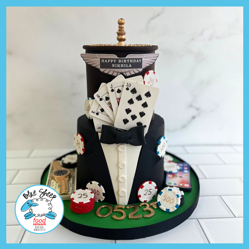 Elegant black tuxedo-themed birthday cake with a casino motif, featuring edible playing cards, poker chips, and a personalized birthday message.