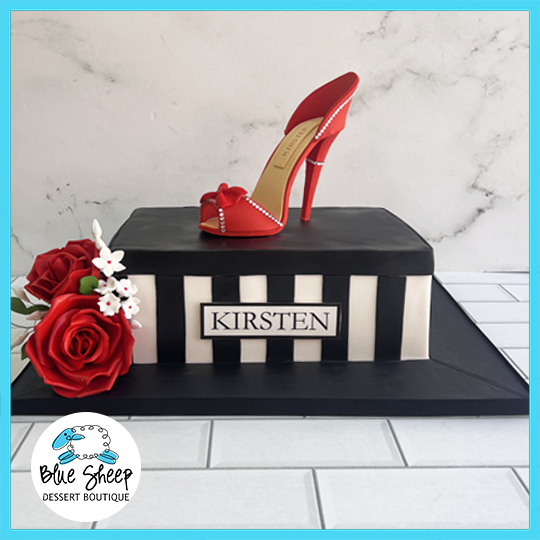 High Heel Shoe Box Birthday Cake with red stiletto topper, black and white stripes, and sugar roses – Blue Sheep Bake Shop Somerville NJ