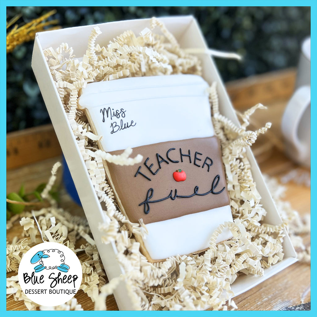 Teacher Fuel coffee cup-shaped cookie in gift box