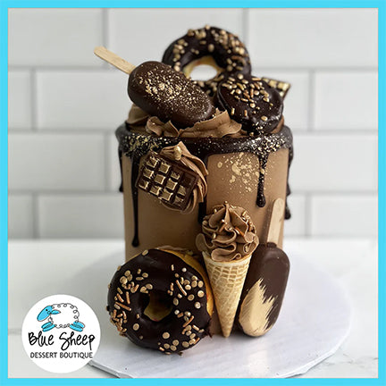chocolate dreams birthday cake with donuts and ice cream cones