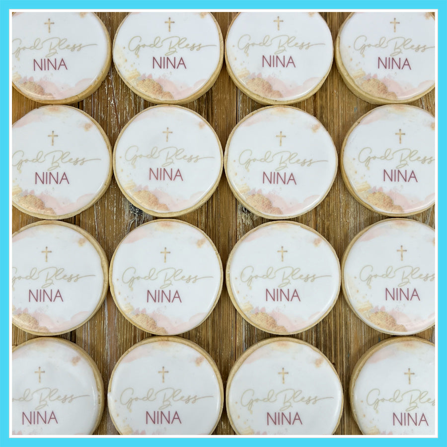 Round blush and gold christening cookies with personalized "God Bless" message.