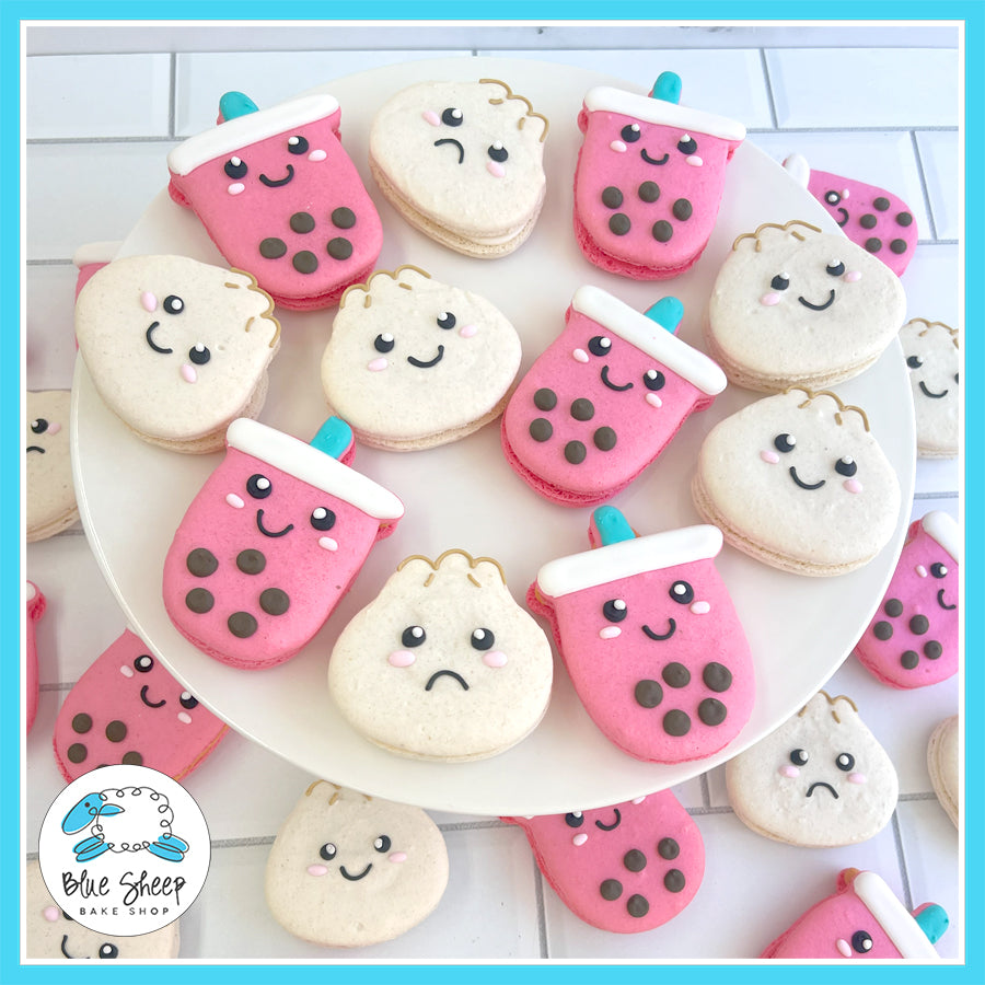 Boba Tea and Dumpling-shaped macarons with smiling faces, perfect for tea parties and themed events.