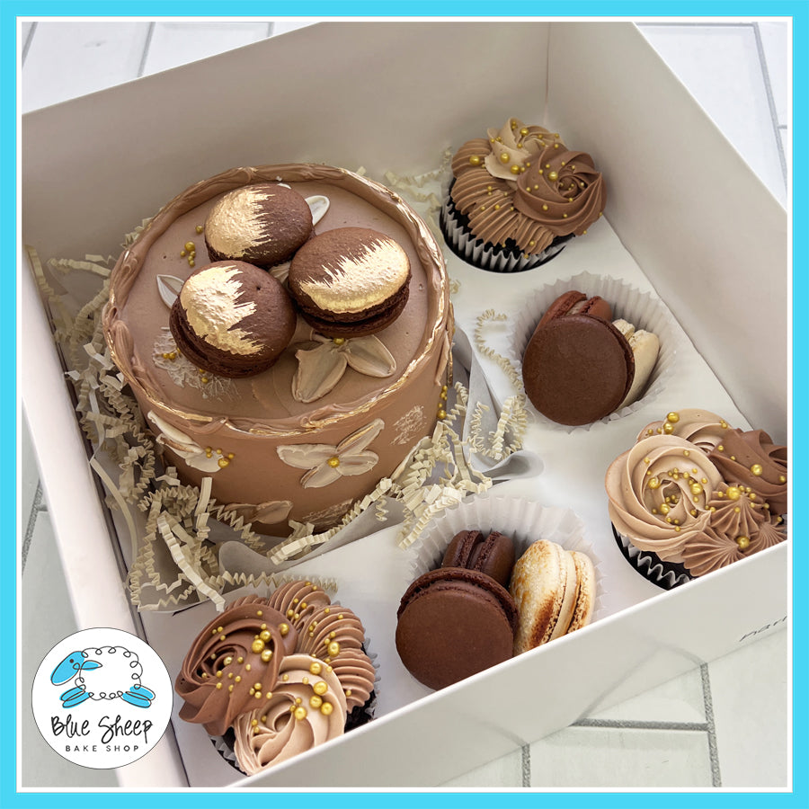Chocolate birthday bento box with mini cake and macarons – Blue Sheep Bake Shop