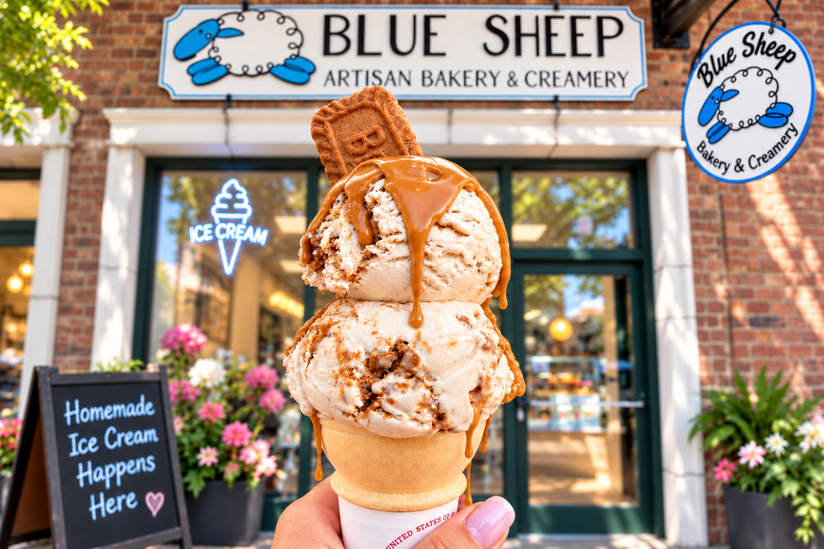 Homemade ice cream cone outside Blue Sheep Bake Shop & Creamery in Somerville NJ