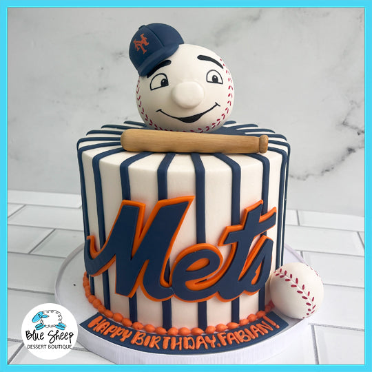 Mets themed custom birthday cake with Mets logo, pinstripe design, baseball topper, cap, and bat