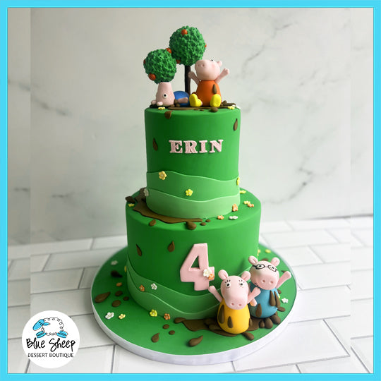 Peppa Pig themed custom birthday cake with Peppa Pig and friends, green design, muddy puddles, and personalized touches.