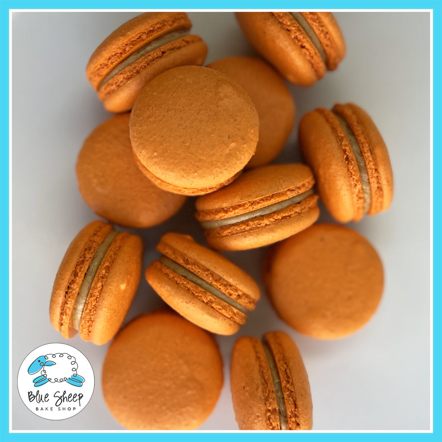 Pumpkin Latte French Macarons with rich pumpkin spice latte buttercream filling