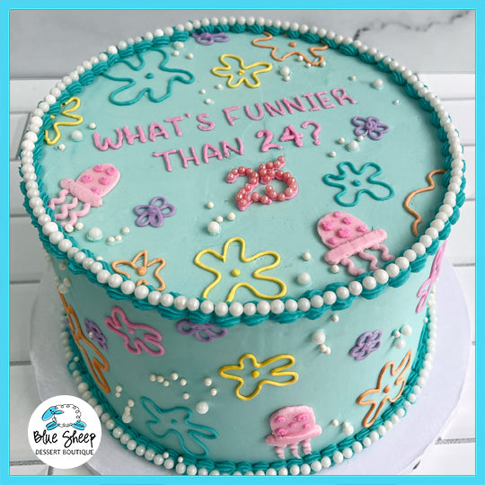SpongeBob themed custom birthday cake with jellyfish and sea motifs, featuring the text "What's Funnier Than 24? 25".