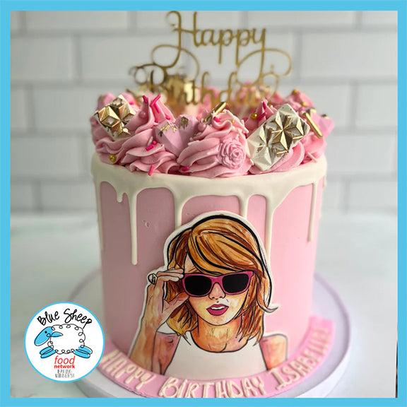 taylor swift birthday cake in pink buttercream