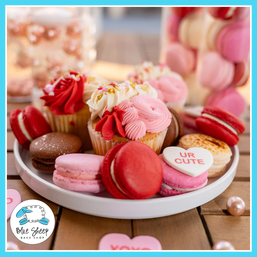 Valentine’s Day Macaron & Cupcake Gift Box with decorated cupcakes and assorted French macarons from Blue Sheep Bake Shop in Somerville, NJ