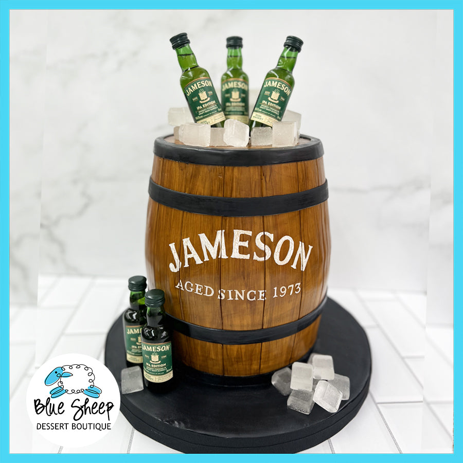 jameson whiskey barrel custom cake for a birthday party