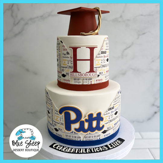 Hillsborough High School and University of Pittsburgh themed graduation cake with graduation cap topper and personalized message.