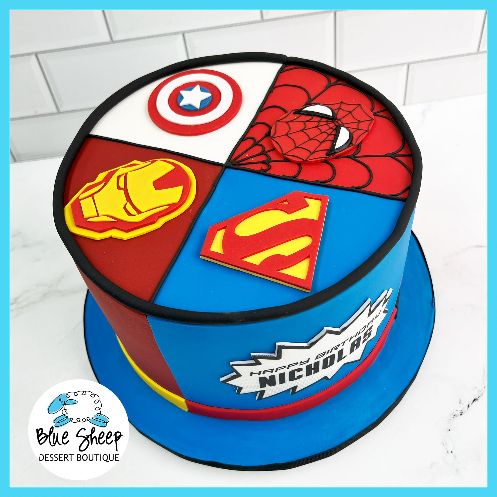 Superhero Alliance Custom Fondant Birthday Cake Blue Sheep Bake Shop superhero-alliance-custom-fondant-birthday-cake-blue-sheep-bake-shop