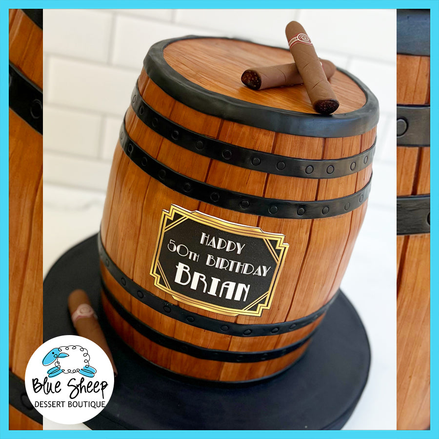 Vintage inspired whiskey barrel custom cake, makes a great birthday cake