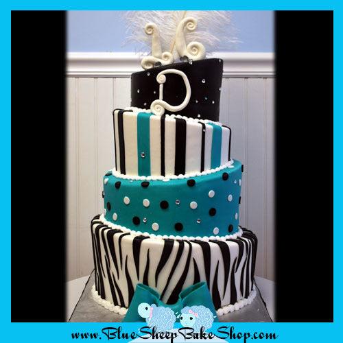 Turquoise Zebra Topsy Turvy Sweet 16 Birthday Cake