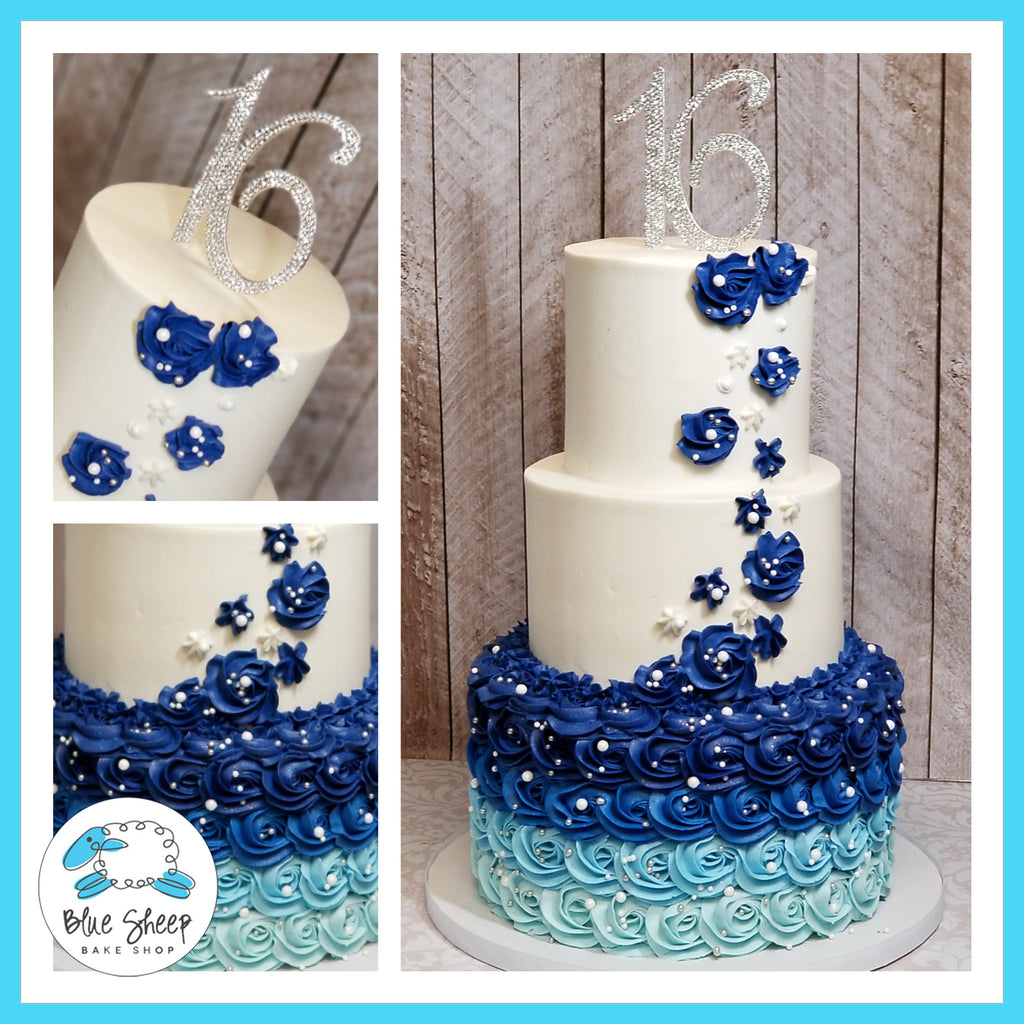 Blue Ombre Rosette Sweet 16 Cake