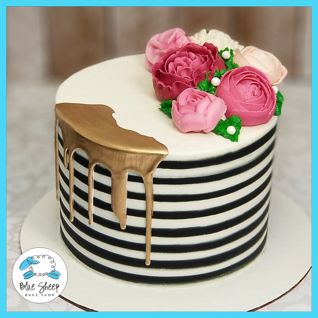 Black and White Striped Buttercream Cake with Pink Flowers - Blue Sheep Bake Shop
