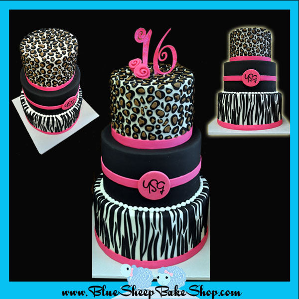 Animal Print Sweet 16 Custom Cake NJ, Zebra, Cheetah, and Hot Pink 