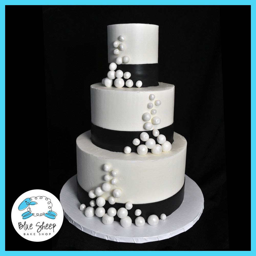 black and whtie wedding cake with pearls nj custom cakes