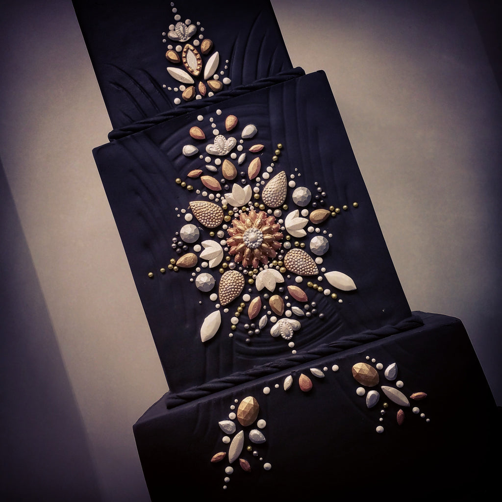 black art deco fondant wedding cake nj