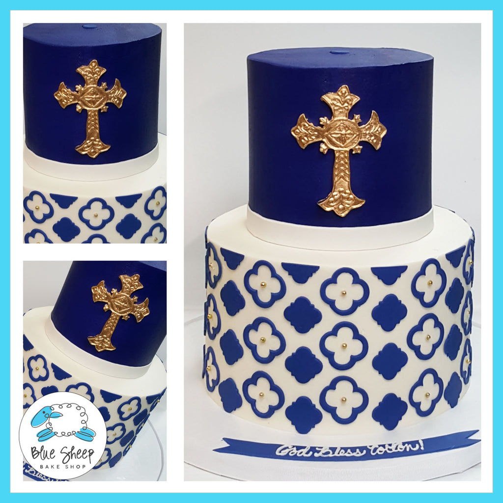 Blue and gold communion cake for boys nj cake shop
