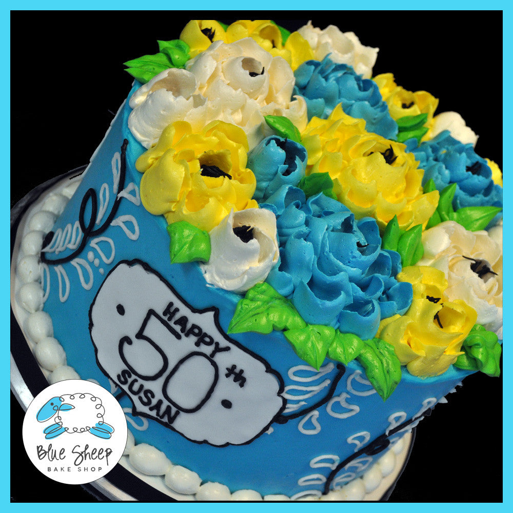 Blue & Yellow Floral Buttercream Birthday Cake