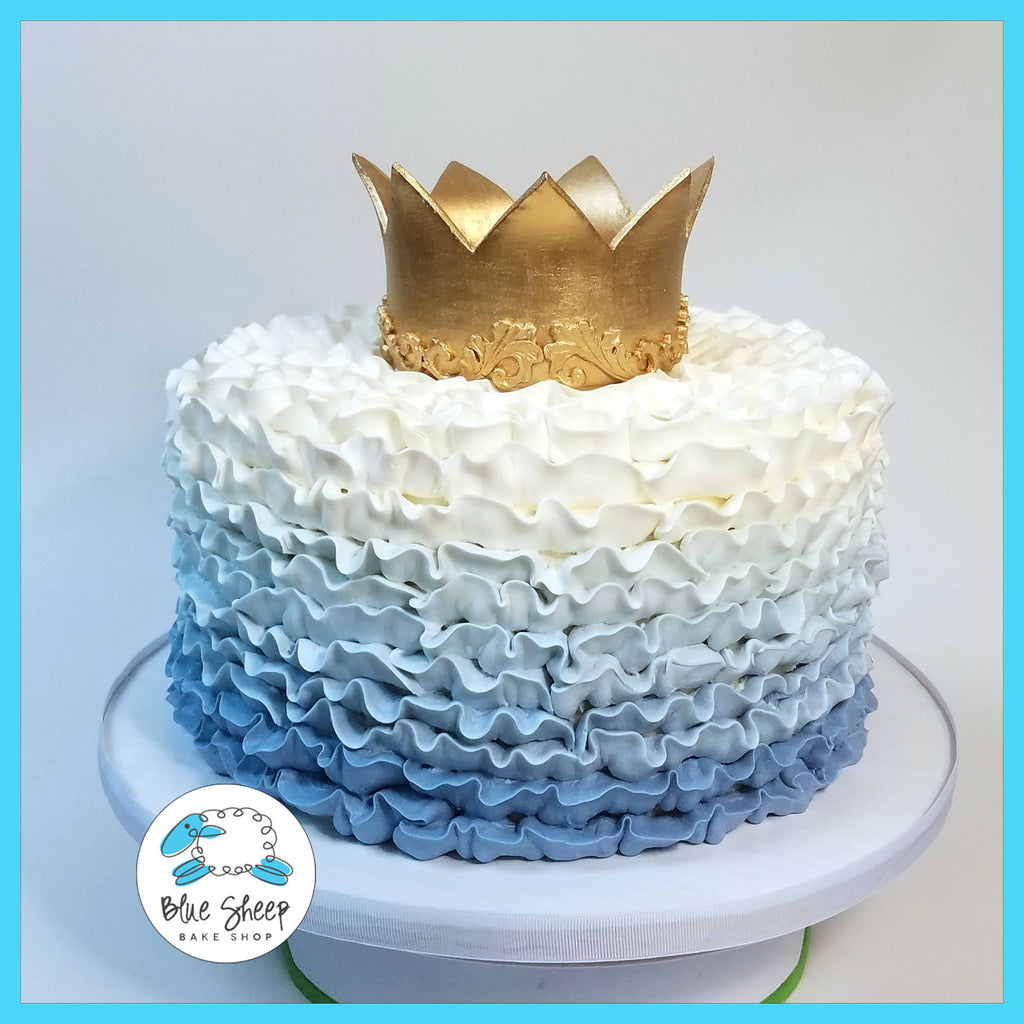 blue ombre ruffle cake & crown