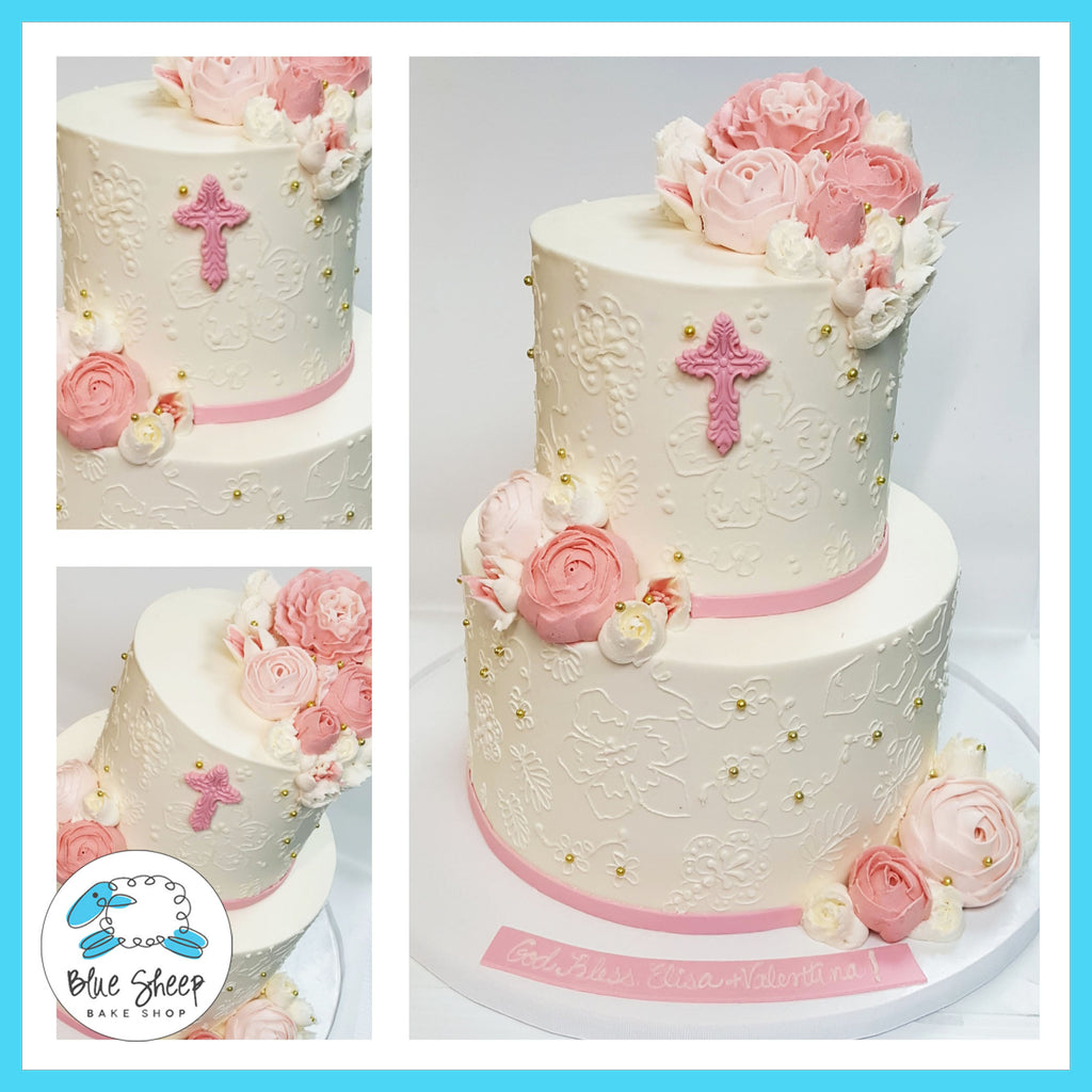 Pink and Ivory Buttercream Lace & Roses Communion Cake II