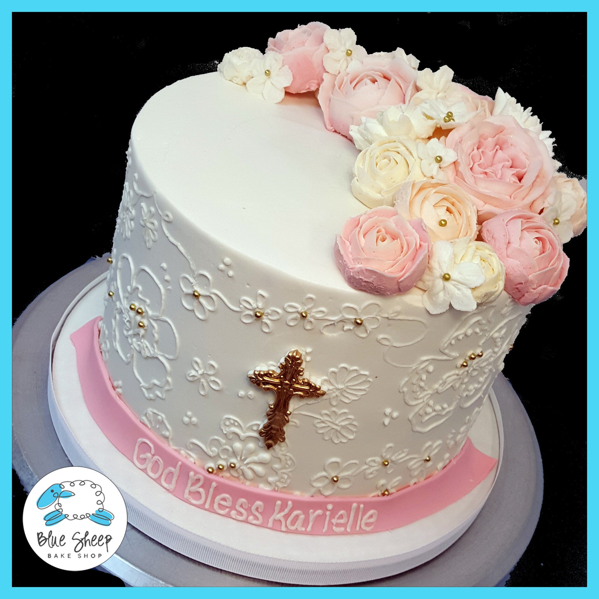 Confirmation Cakes Roses Buttercream Lace & Roses Communion Cake – Blue Sheep Bake Shop