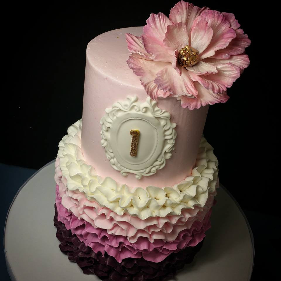 pink and purple eggplant ruffle 1st birthday cake with  peony buttercream cakes nj