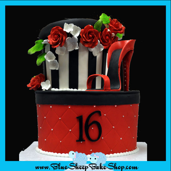 Sweet 16 Red, Black and White Hatbox Birthday Cake