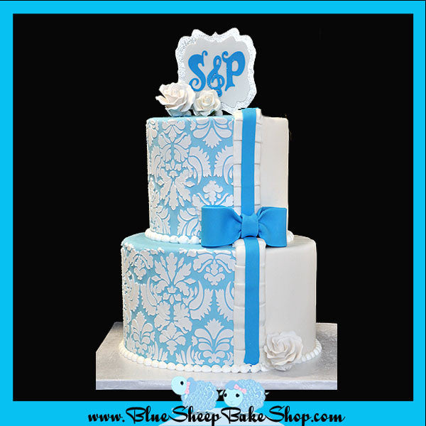 Engagement Cake - Blue and White Damask