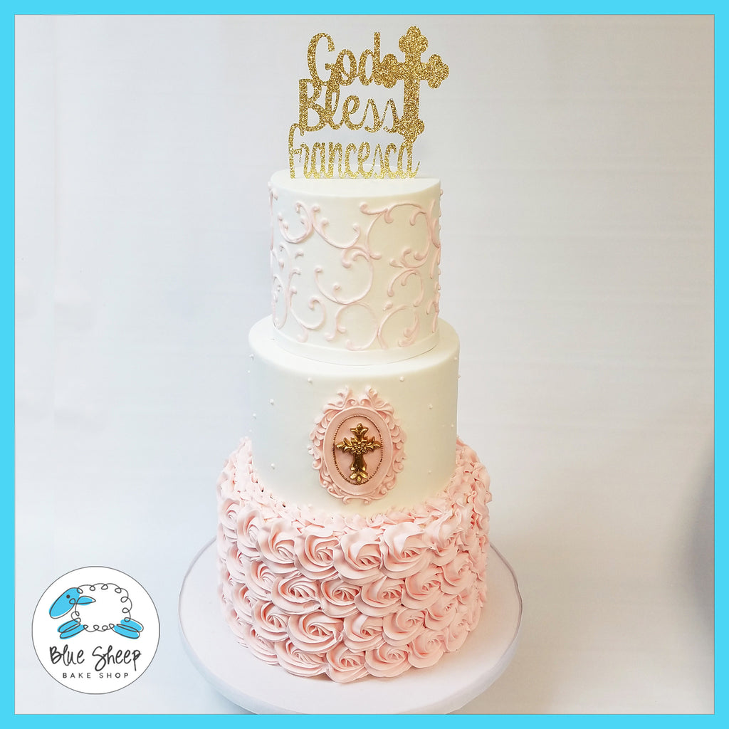 pink and gold christening cake nj