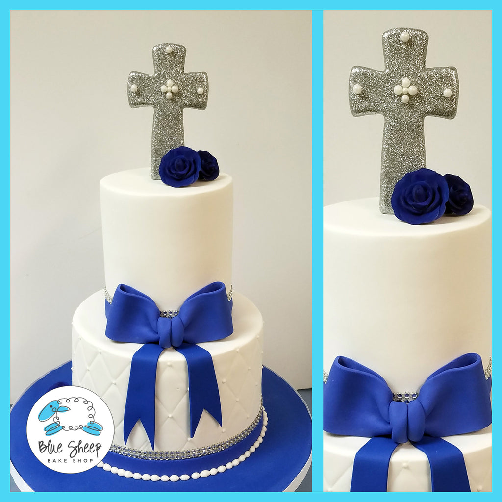 Sparkly blue and white communion cake nj